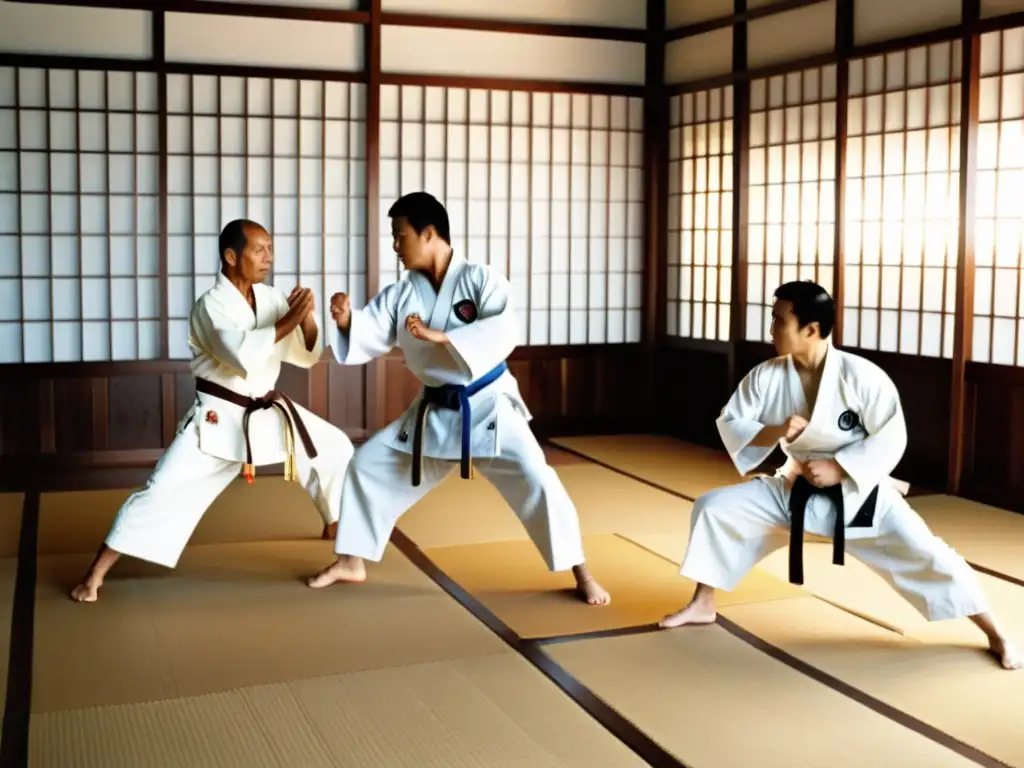 Antigua foto en blanco y negro de maestros de karate en un tradicional dojo de Okinawa, Japón, demostrando katas con precisión