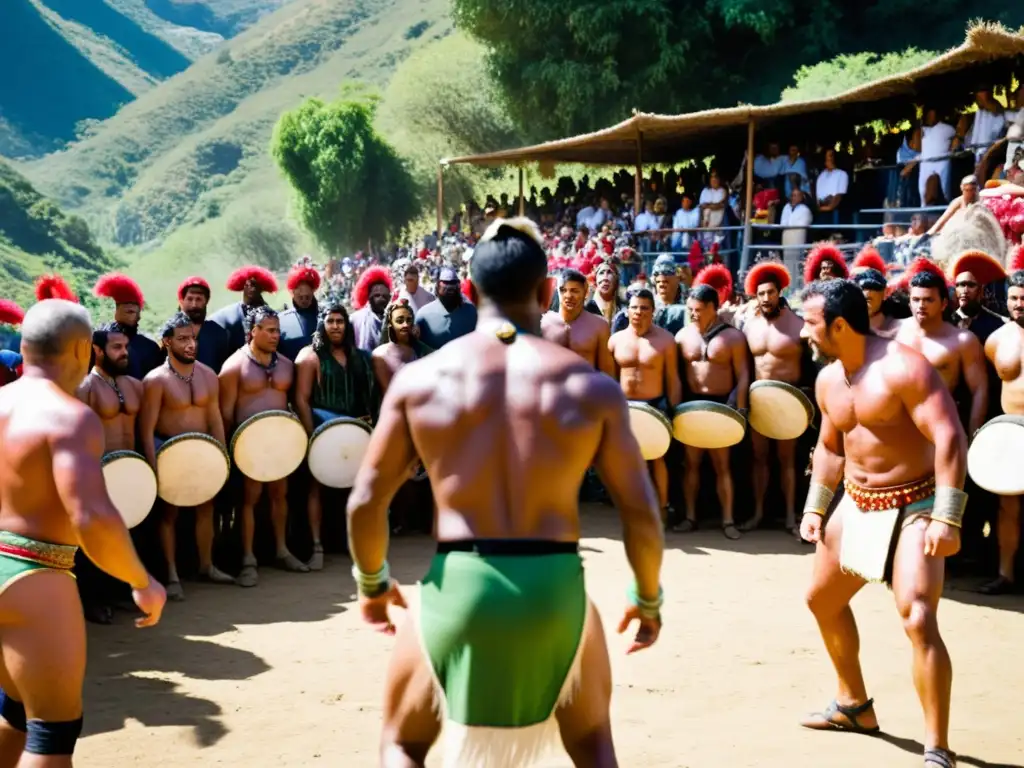 Antigua lucha canaria de guerreros Guanche en vibrante valle, reflejando historia y evolución de la lucha canaria entre la multitud animada