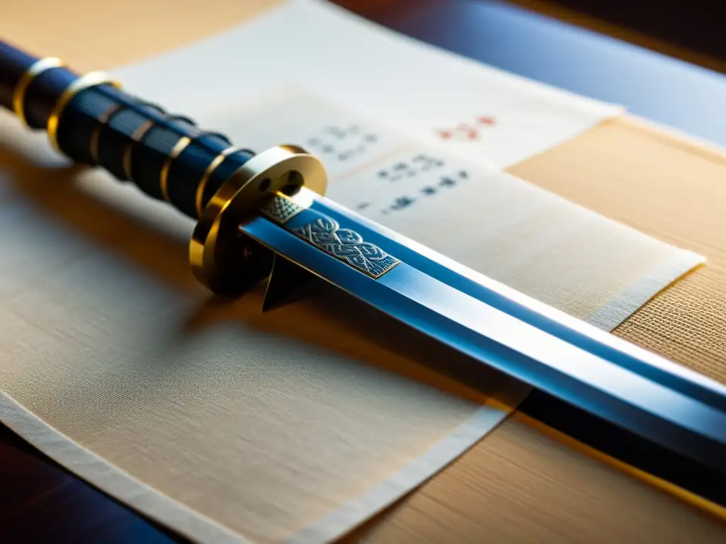Un antiguo katana japonés con detalles intrincados, bañado por la suave luz a través de una pantalla shoji