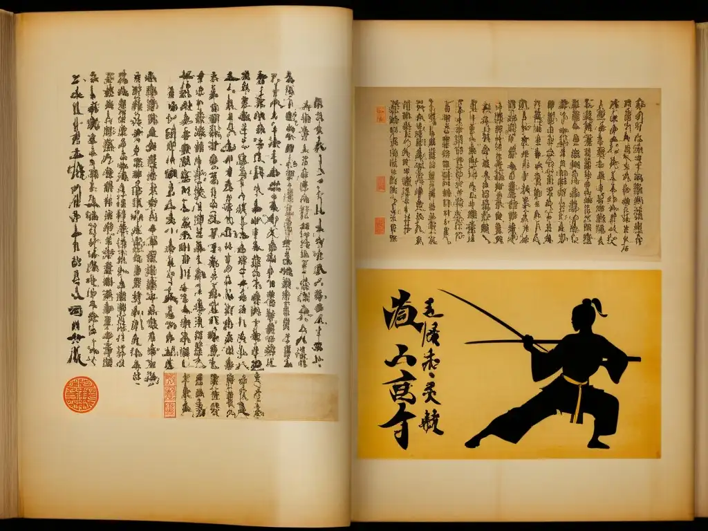 Antiguo manuscrito de artes marciales con ilustraciones detalladas y pasajes filosóficos sobre la conexión mente-cuerpo