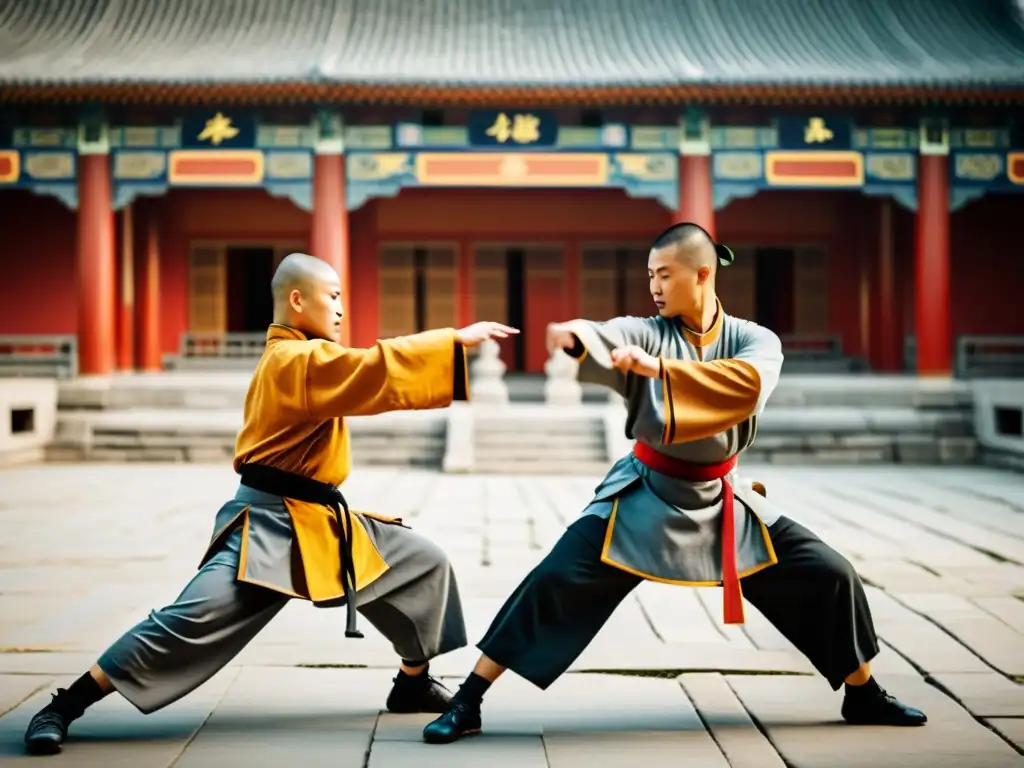 Práctica de Kung Fu Shaolin en un antiguo patio, rodeado de neblina, exudando disciplina y espiritualidad en retiros de Kung Fu Shaolin