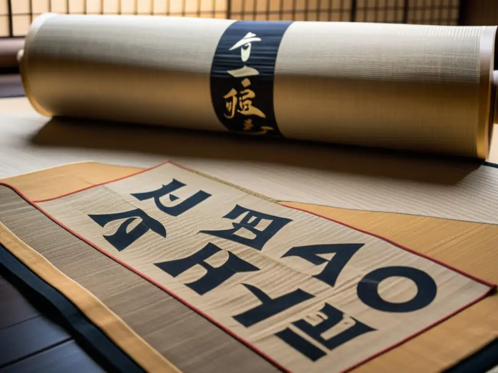 Antiguo pergamino desplegado sobre tatami japonés