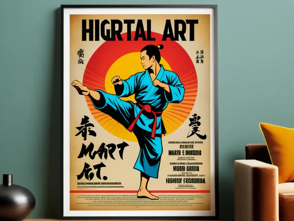 Un antiguo póster de artes marciales con ilustraciones vibrantes de renombrados artistas marciales en posturas dinámicas