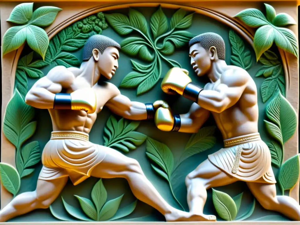 Antiguo relieve de piedra muestra lucha de Muay Thai en la selva