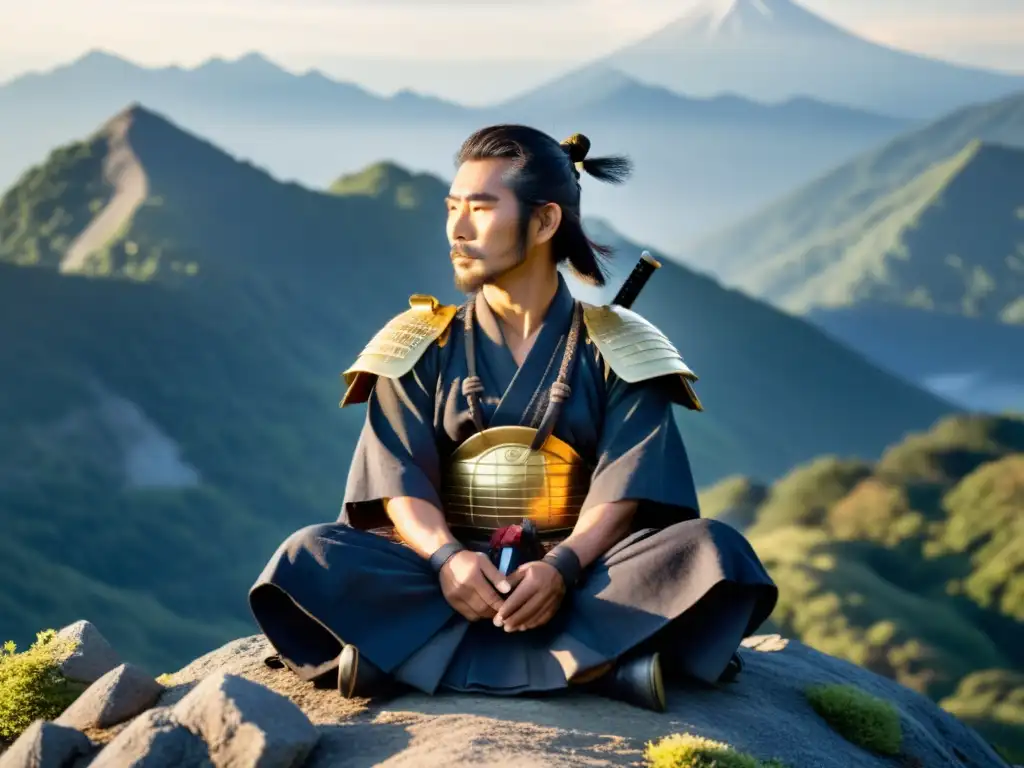 Un antiguo samurái japonés medita en la cima de una montaña al amanecer, reflejando la filosofía del samurái para luchadores