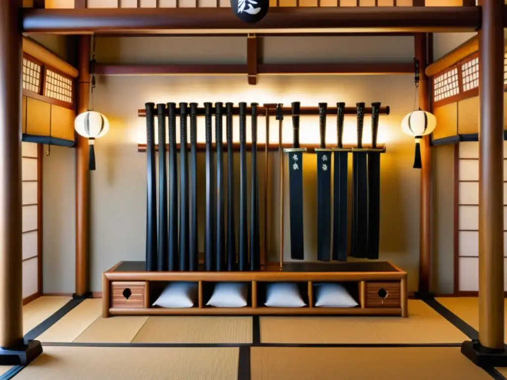 Un antiguo soporte de armas de madera con armas marciales en un dojo japonés tradicional