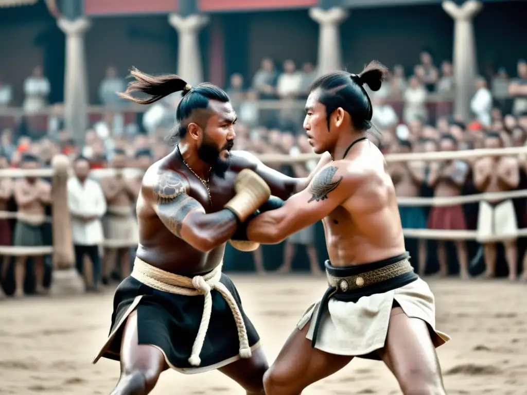 Dos antiguos guerreros en combate cuerpo a cuerpo en una arena, rodeados de espectadores