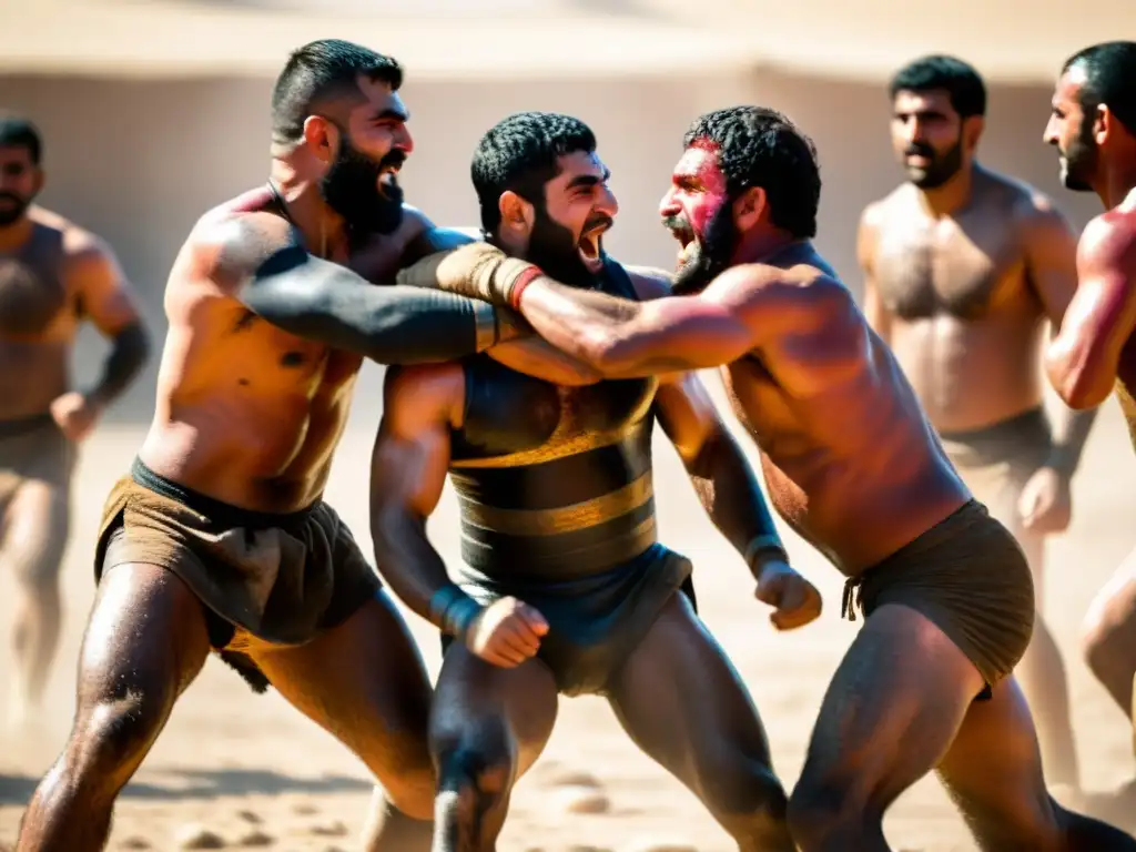 Antiguos luchadores mesopotámicos en un intenso combate bajo el sol, mostrando los orígenes del wrestling en Mesopotamia