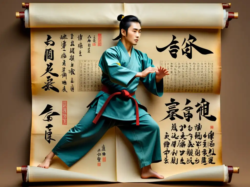 Antiguos manuscritos de artes marciales con ilustraciones detalladas y calligrafía, mostrando los orígenes y evolución de artes marciales en el mundo