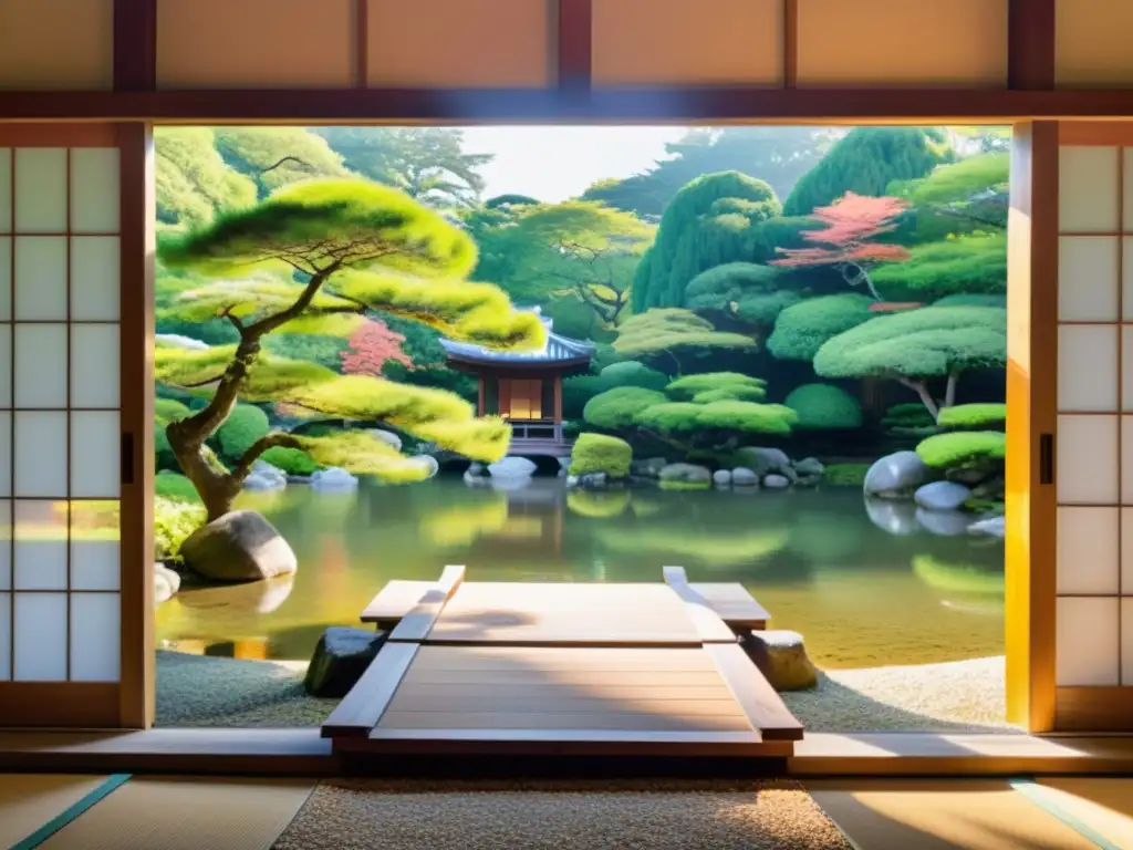 Un apacible jardín japonés tradicional con un dojo en el fondo, donde un sensei guía a los estudiantes en el arte del karate