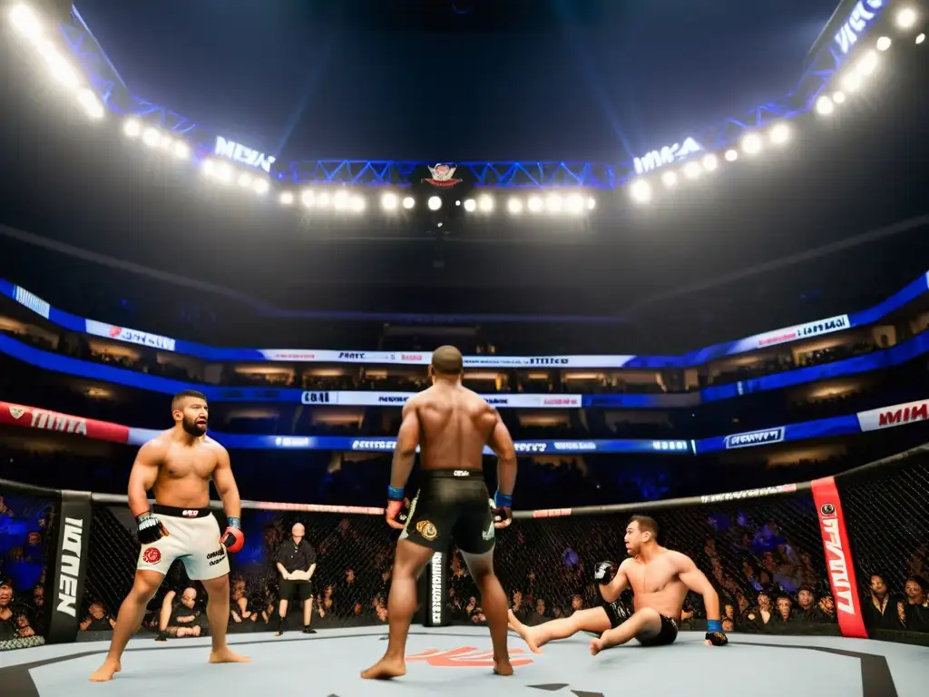 Apasionada pelea de MMA en un estadio lleno, reflejando la evolución de las artes marciales mixtas con intensidad y emoción palpable