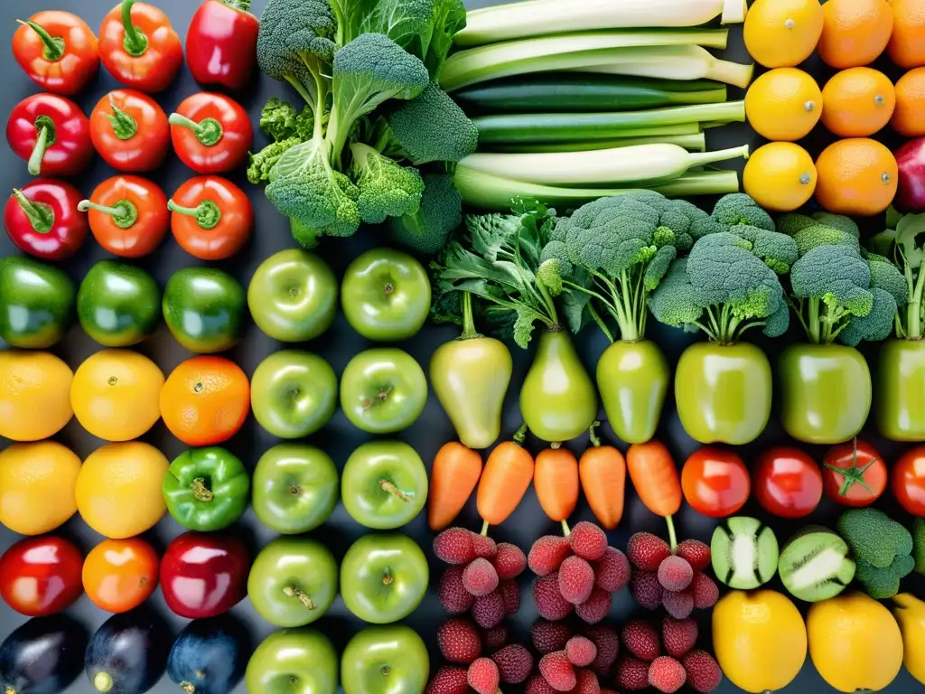 Una apetitosa y colorida selección de frutas y verduras frescas, organizadas con esmero y resplandeciendo en la luz natural