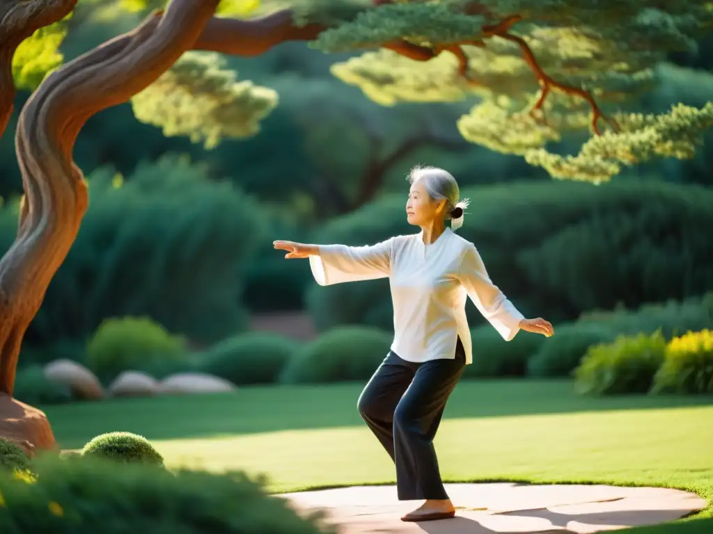 Aplicaciones Qigong Tai Chi serenidad: Mujer mayor practica Tai Chi con gracia en un tranquilo jardín, captando la calma y fluidez del momento