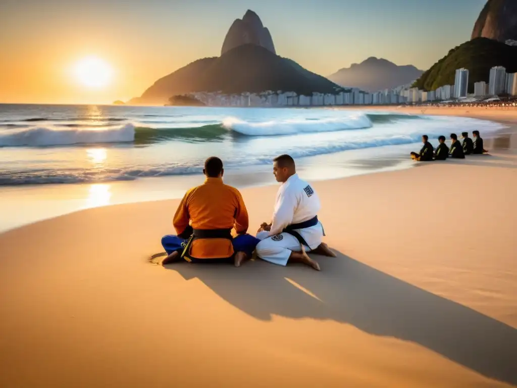 Aprendizaje intensivo de Jiu Jitsu Brasileño en la dorada playa de Copacabana al atardecer, con el telón de fondo de Rio de Janeiro y el Pão de Açúcar