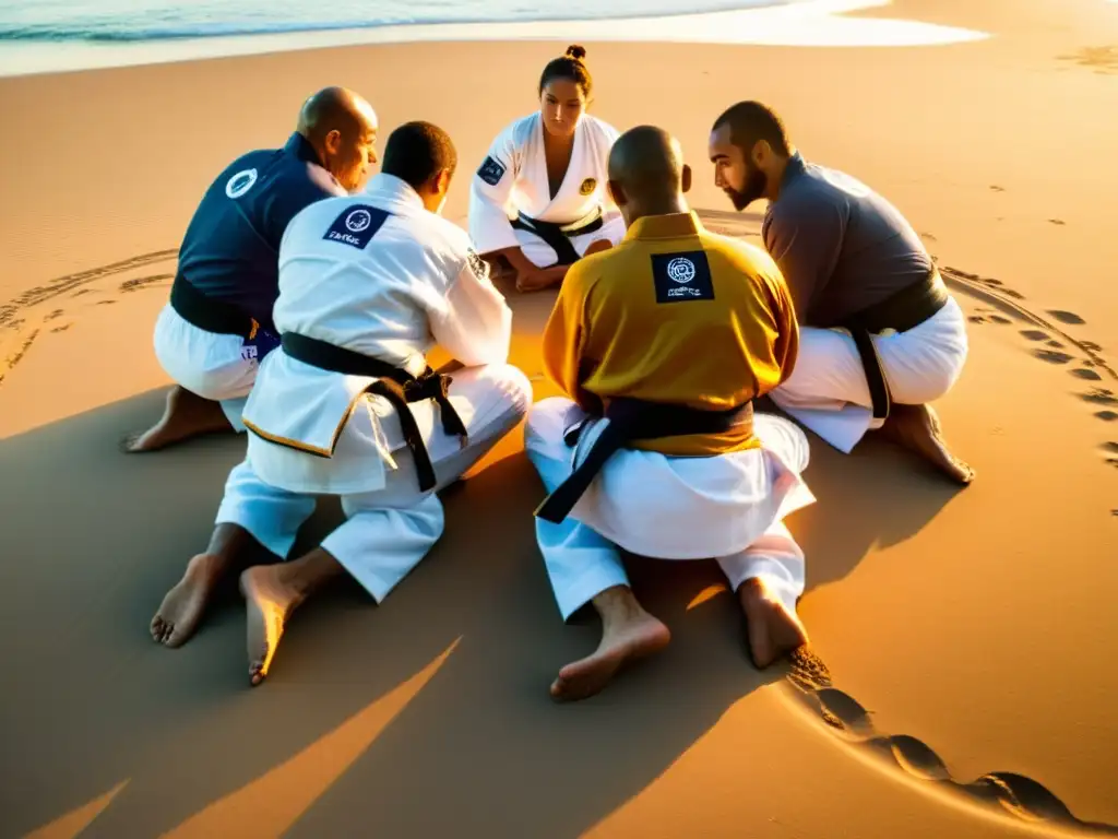 Aprendizaje intensivo de JiuJitsu Brasileño en la playa de Río al atardecer, con el icónico Pan de Azúcar al fondo