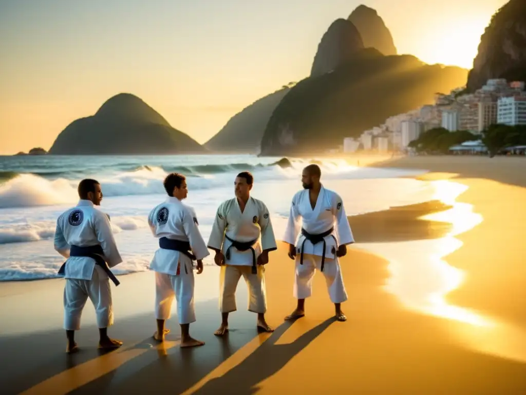 Aprendizaje intensivo de JiuJitsu Brasileño en las playas de Río al amanecer, con un ambiente dinámico y apasionado