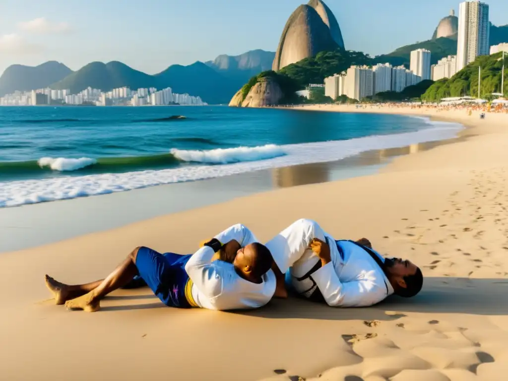 Aprendizaje intensivo de Brazilian JiuJitsu en la vibrante playa de Río de Janeiro, con la icónica línea costera y el horizonte de la ciudad al fondo