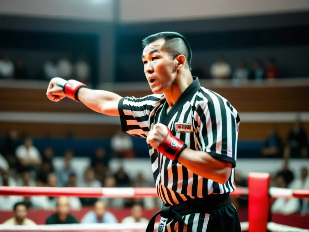 Un árbitro de artes marciales enérgico y atento, garantizando el reglamento arbitraje artes marciales en una competición vibrante