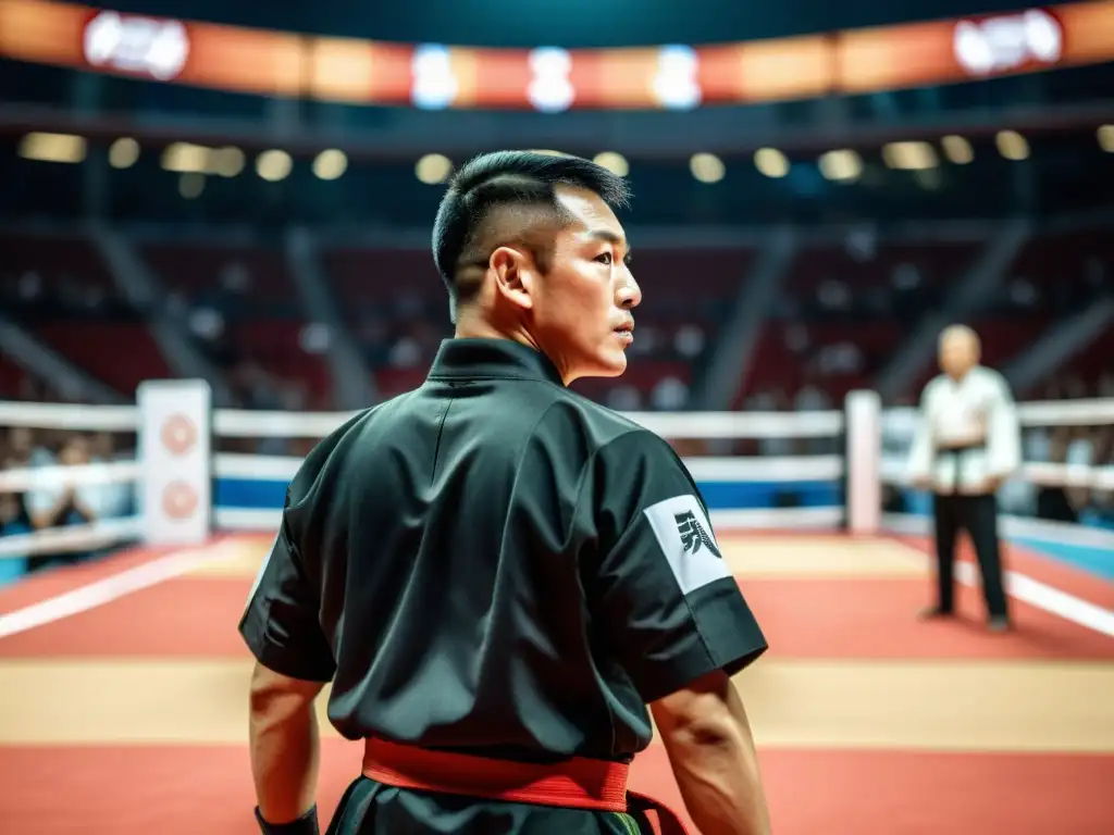 Un árbitro de artes marciales en traje tradicional observa atentamente la competencia en una arena iluminada