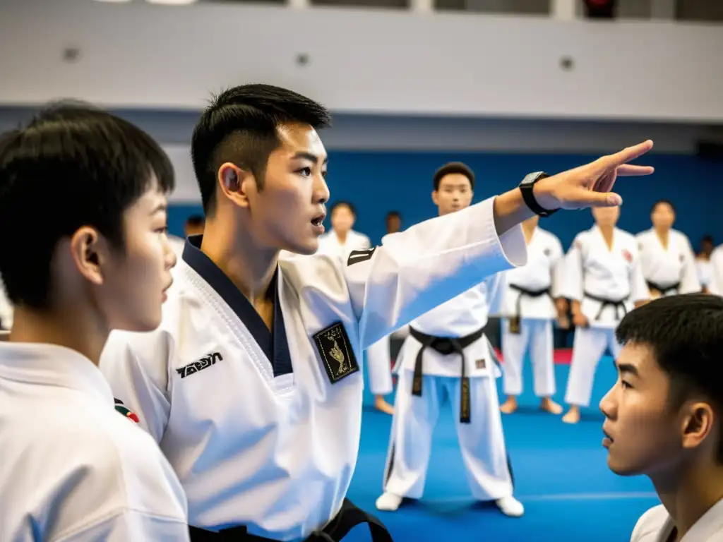 Un árbitro de Taekwondo explica las reglas y puntuación a atletas concentrados en doboks blancos en un gimnasio brillantemente iluminado