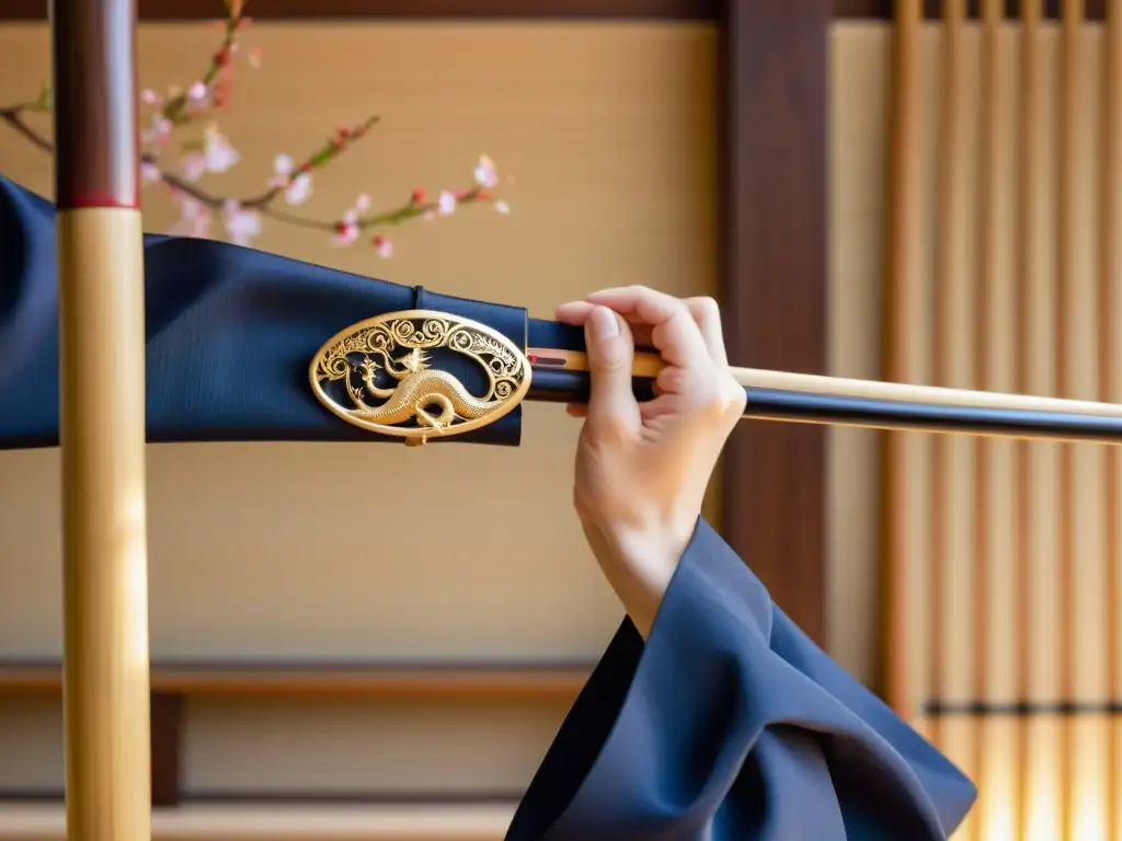 Un arco kyudo japonés bellamente tallado con detalles de dragones y cerezos