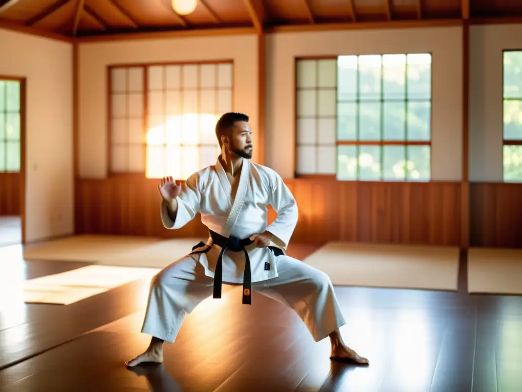 Armonía y equilibrio en la integración entre Yoga y Artes Marciales, representada en una dojo serena con maestro y yogis