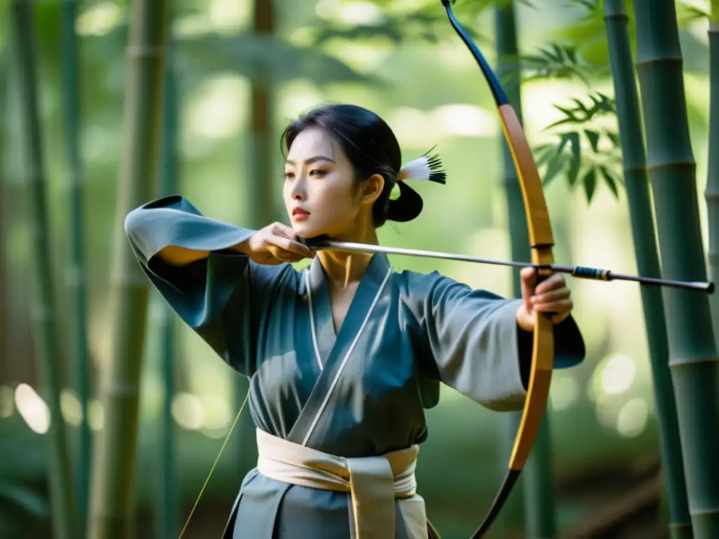 Un arquero de kyudo se concentra en el bosque de bambú: la elegancia y precisión de este antiguo arte marcial