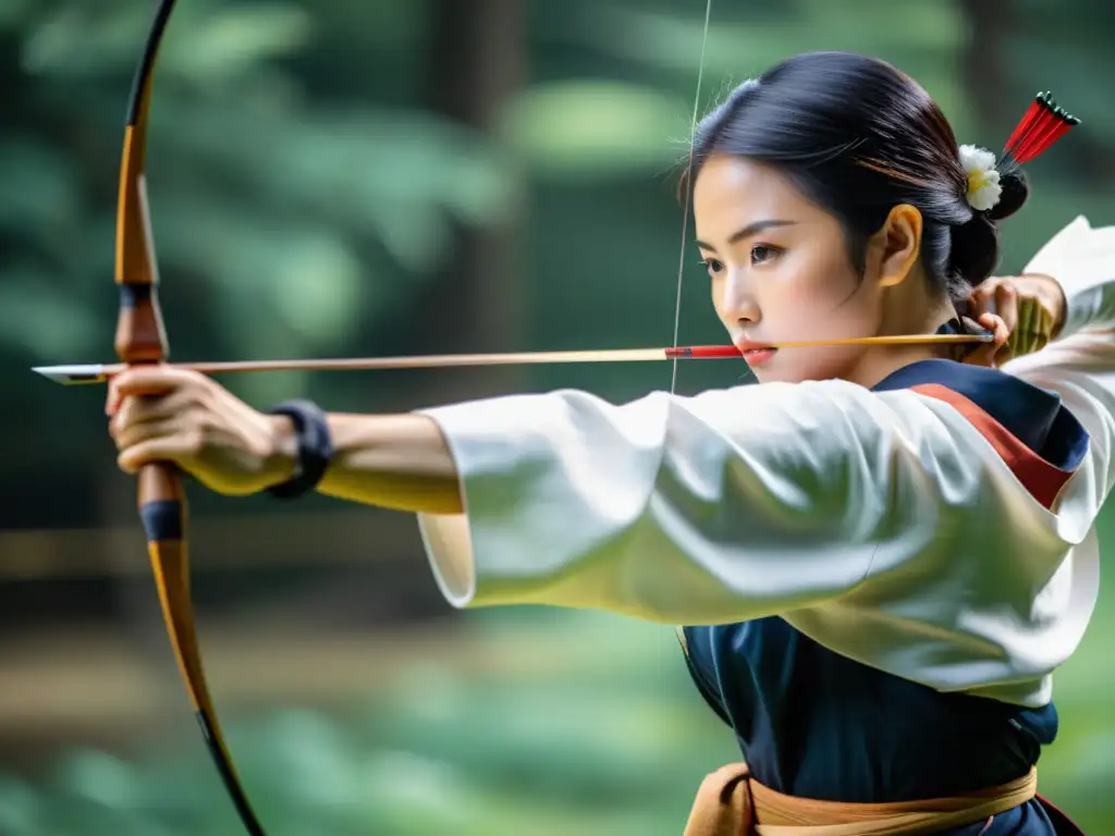 Un arquero concentrado en un paisaje sereno, listo para disparar con los mejores arcos y flechas para Kyudo