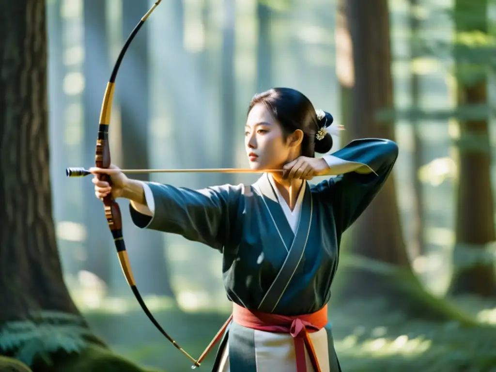 Un arquero experimentado de kyudo viste atuendo tradicional japonés, en un claro boscoso sereno con luz solar