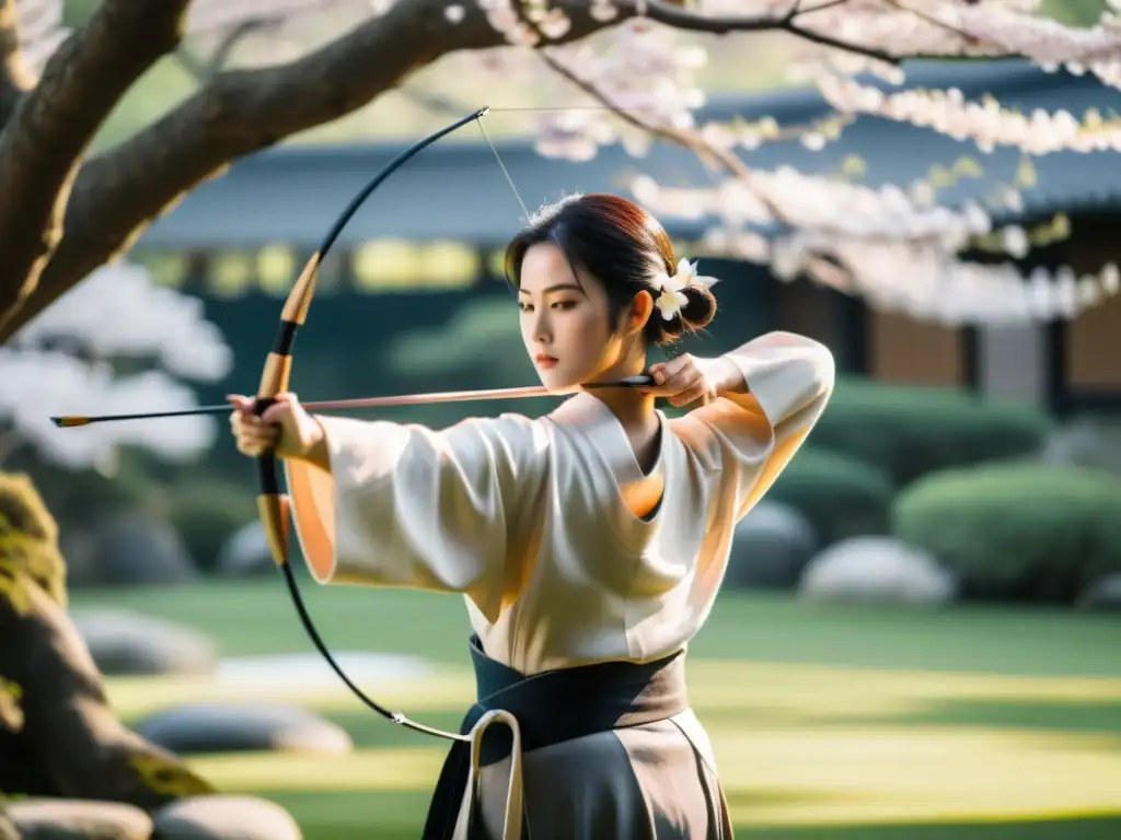 Un arquero experimentado practica Kyudo en un jardín japonés sereno con árboles de cerezo en flor