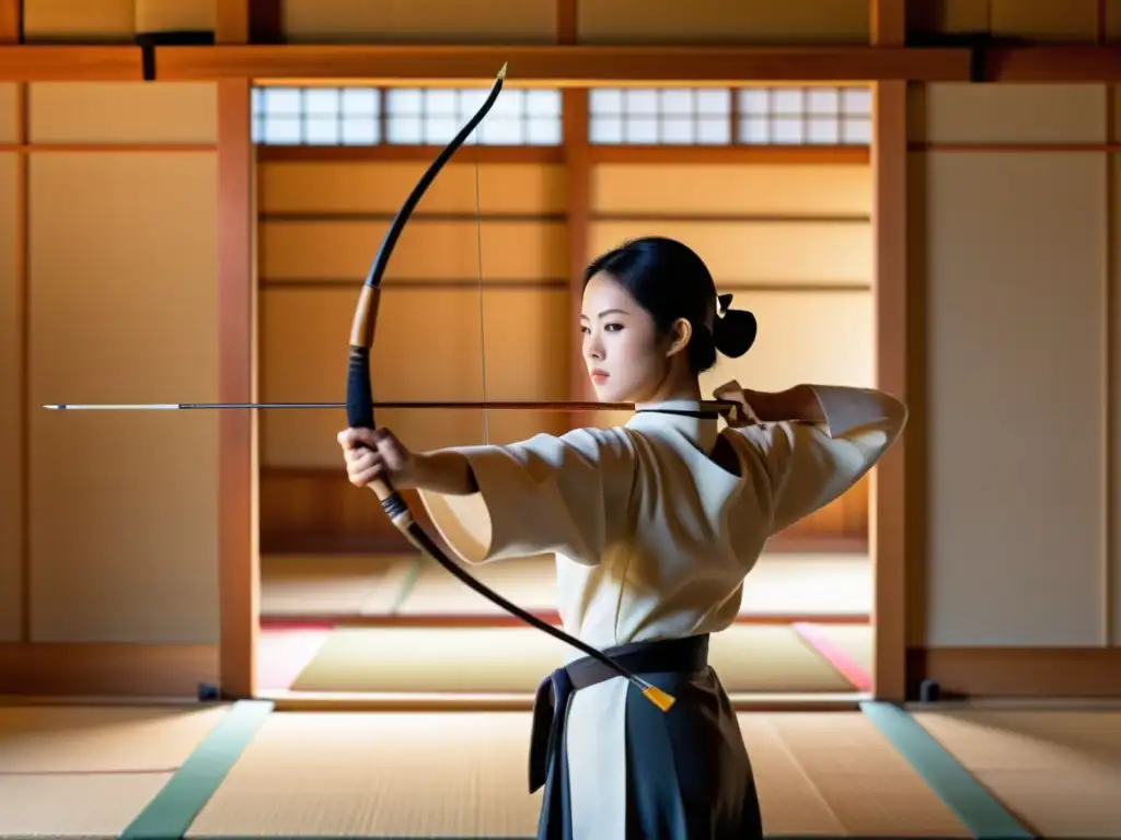 Un arquero experto de Kyudo selecciona un arco yumi en un dojo japonés, evocando la tradición y precisión del arco de Kyudo