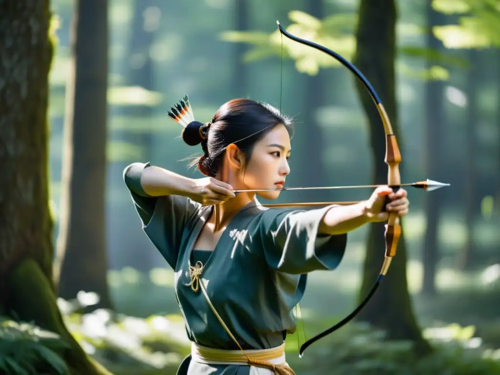 Un arquero japonés en un bosque exuberante, muestra la espiritualidad y técnica del Kyudo con determinación y serenidad