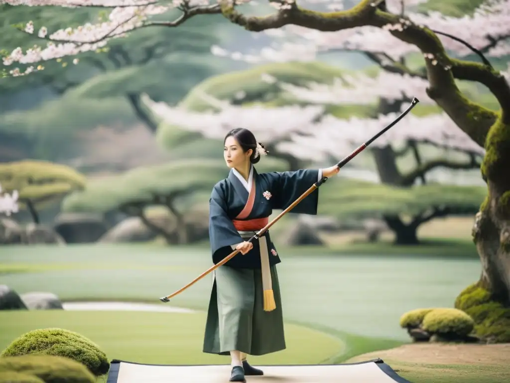 Arquero en jardín japonés, practicando tiro con arco, evocando el protocolo de competencias del Kyudo