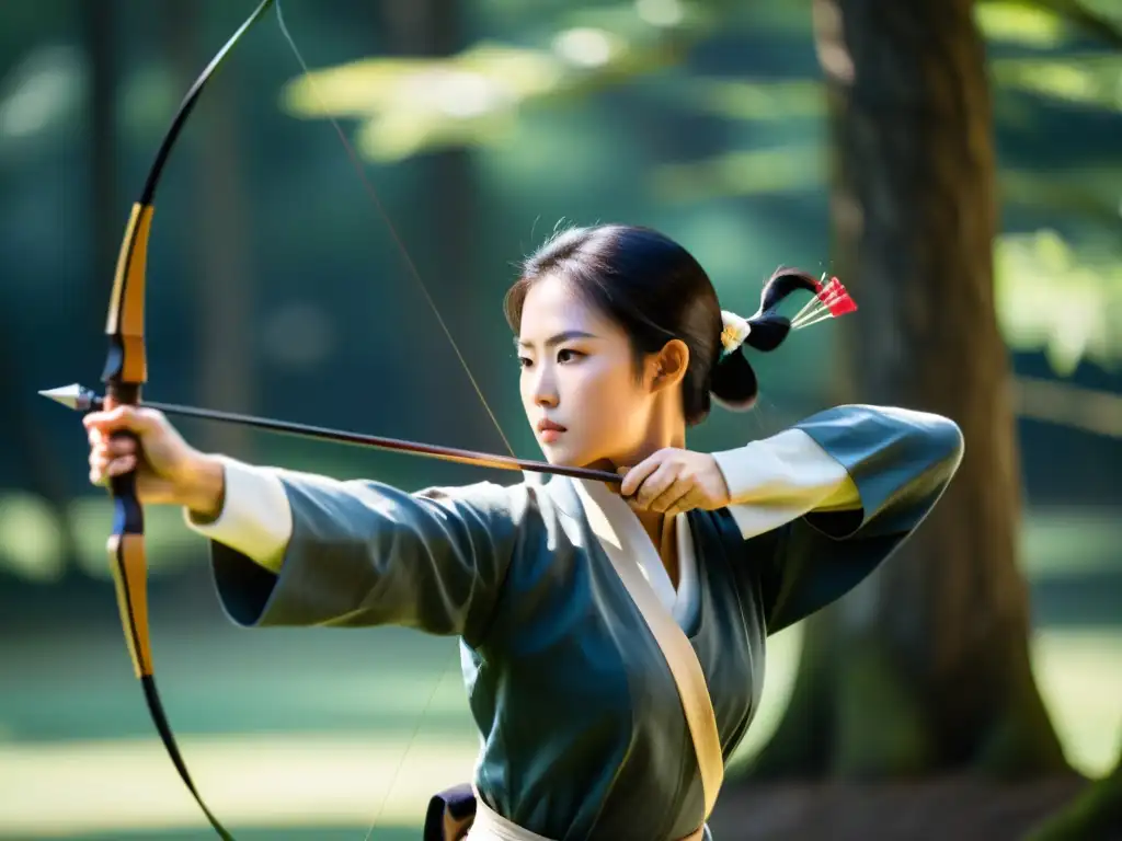 Un arquero de Kyudo concentrado, con arco tenso y postura equilibrada, en un entorno sereno