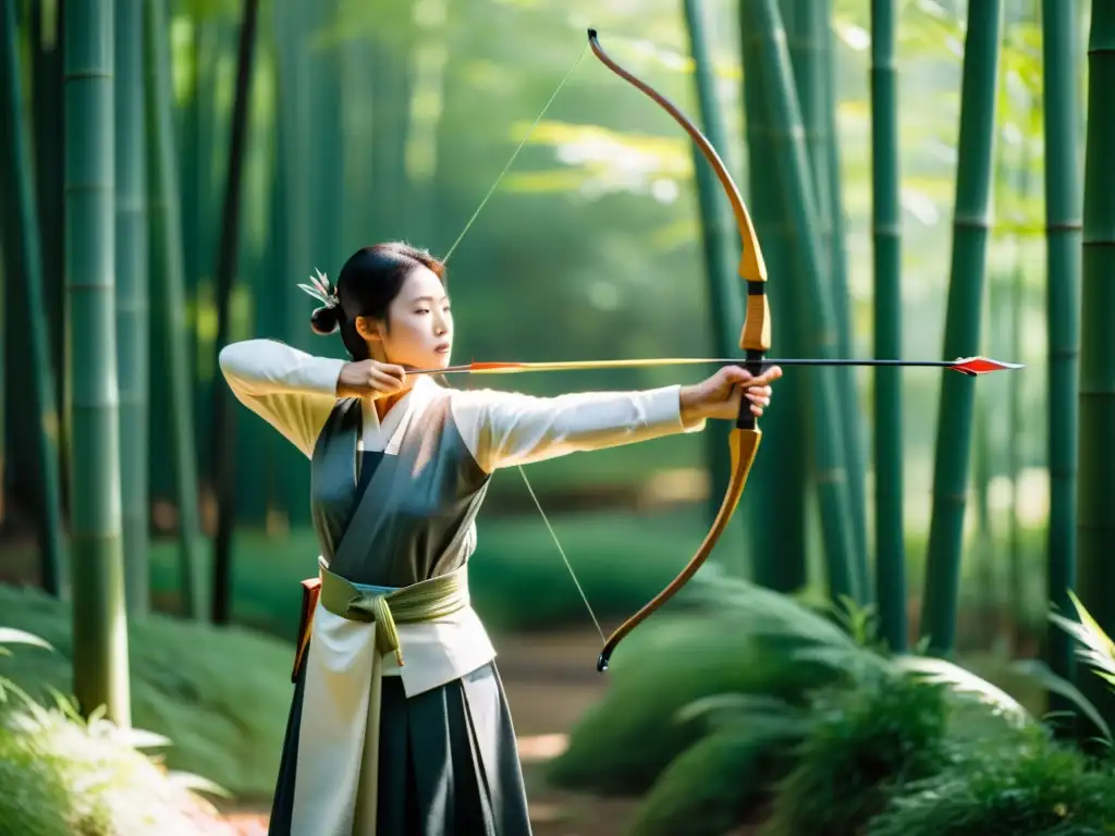 Arquero de kyudo experimentado en un bosque de bambú, mostrando espiritualidad y técnica del Kyudo con precisión y calma