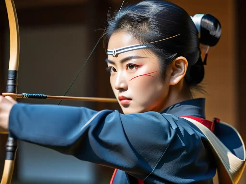 Un arquero de kyudo japonés con concentración intensa, destacando la espiritualidad y técnica del Kyudo