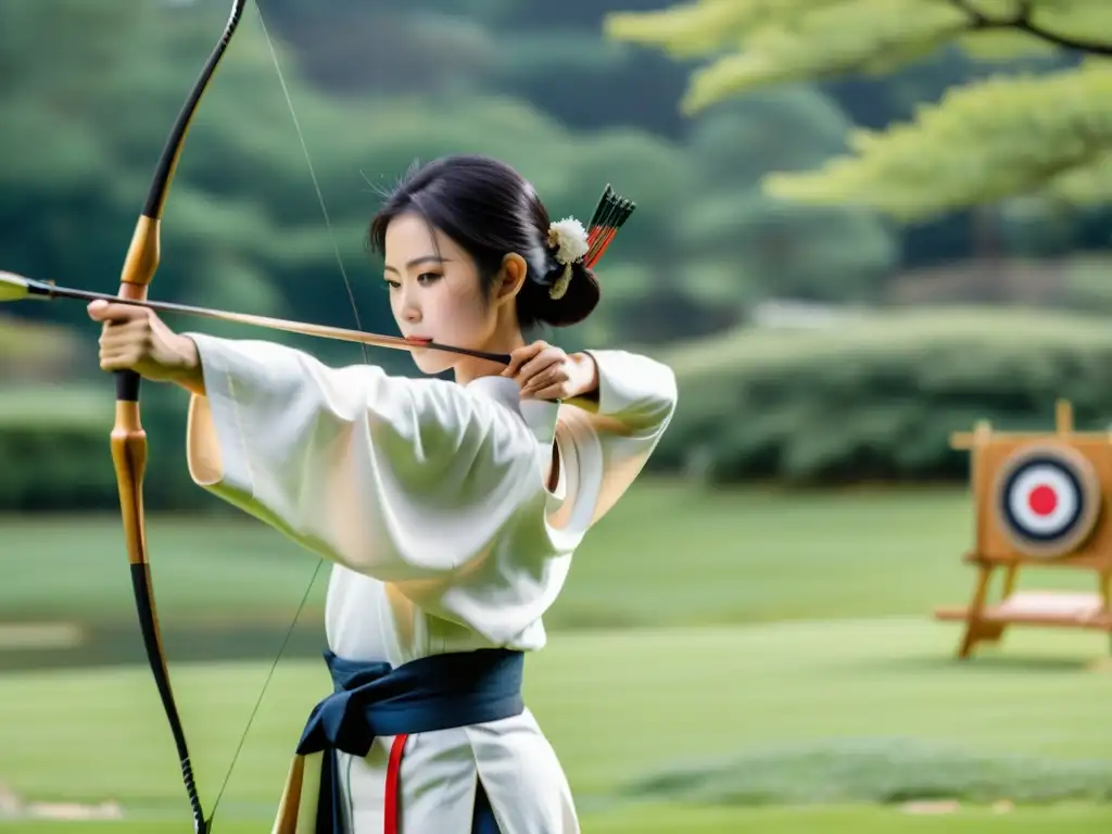 Un arquero de kyudo japonés se concentra en un tiro preciso en un hermoso campo de tiro con arco al aire libre