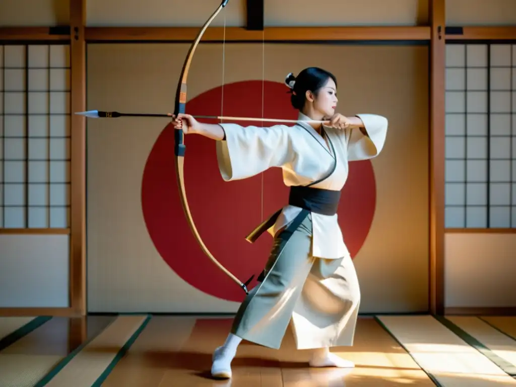 Un arquero de Kyudo tradicional en kimono blanco en un dojo sereno, con arco y flecha