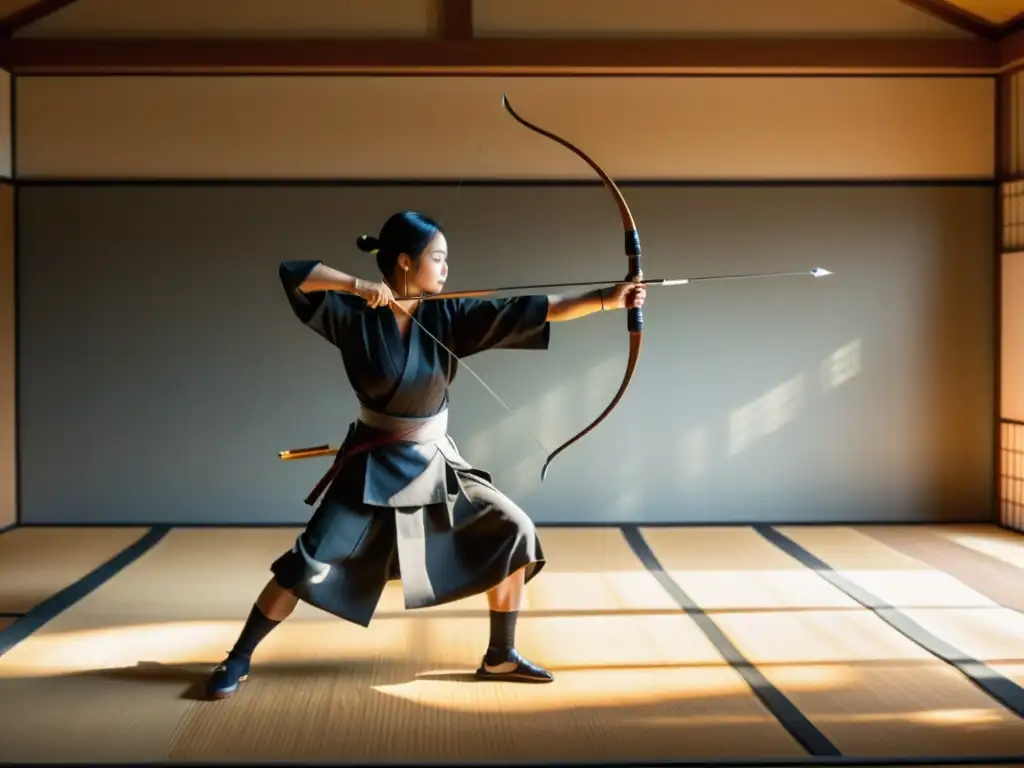 Un arquero en traje tradicional de kyudo se concentra, dibujando un arco con precisión
