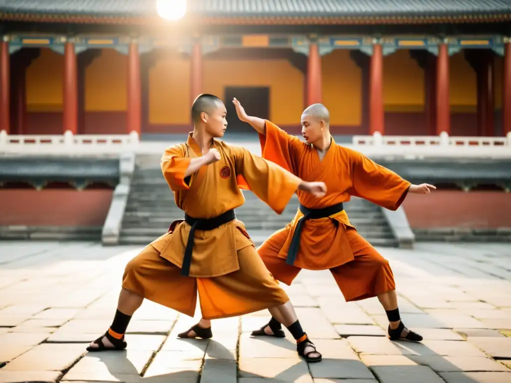 Shaolin monks practican artes marciales al atardecer en un antiguo templo, transmitiendo tradición y disciplina