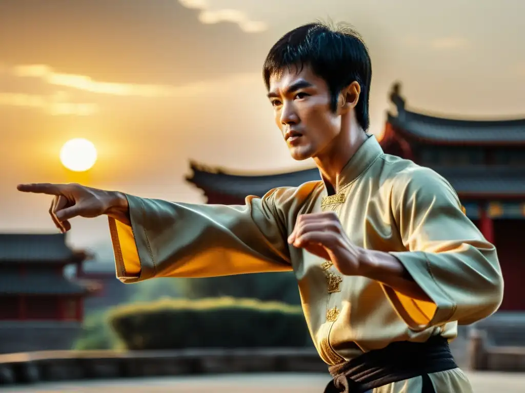 El arte marcial de Bruce Lee: Fusión cultural al atardecer Bruce Lee practicando artes marciales al atardecer, fusionando filosofía oriental y occidental
