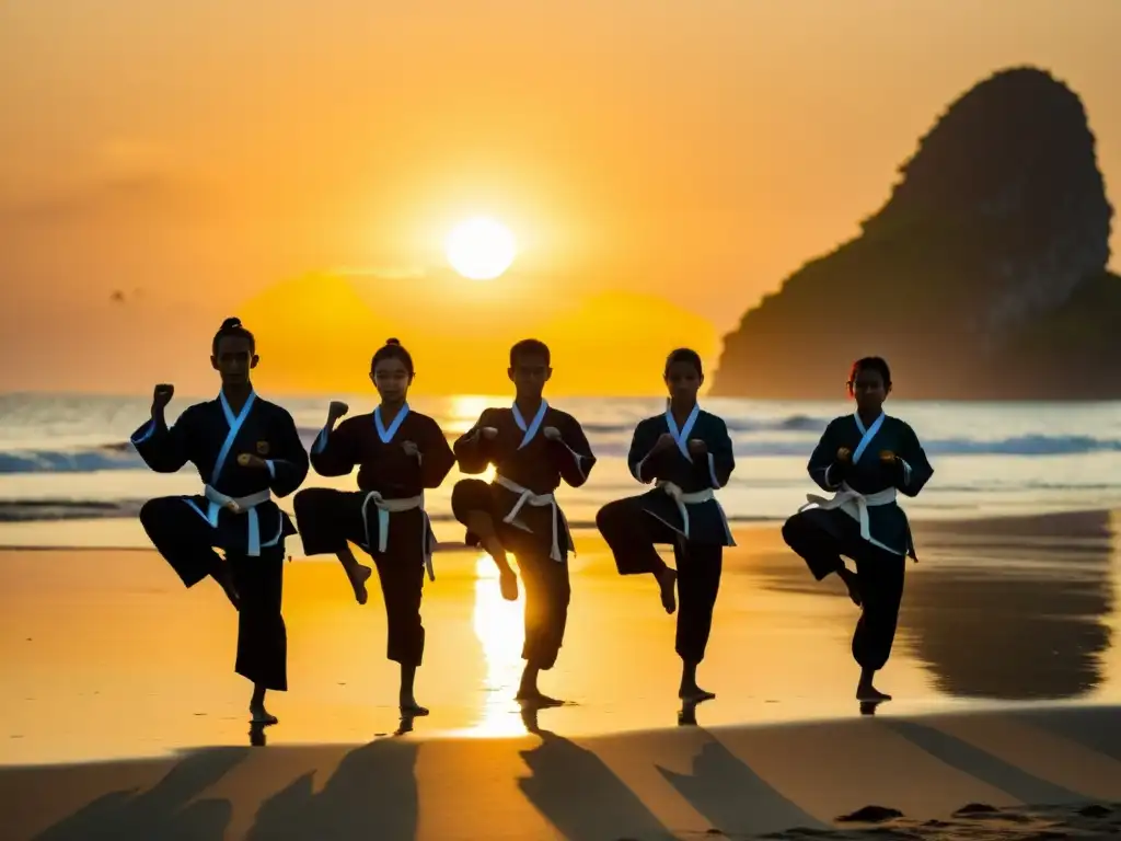 Práctica de artes marciales al atardecer en la playa de Indonesia, evocando serenidad y belleza en retiros de artes marciales en Indonesia