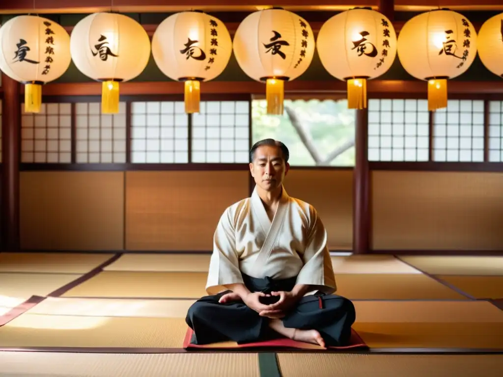 Meditación en artes marciales beneficios: Maestro de artes marciales en meditación serena en tradicional dojo con luz suave y paz interior