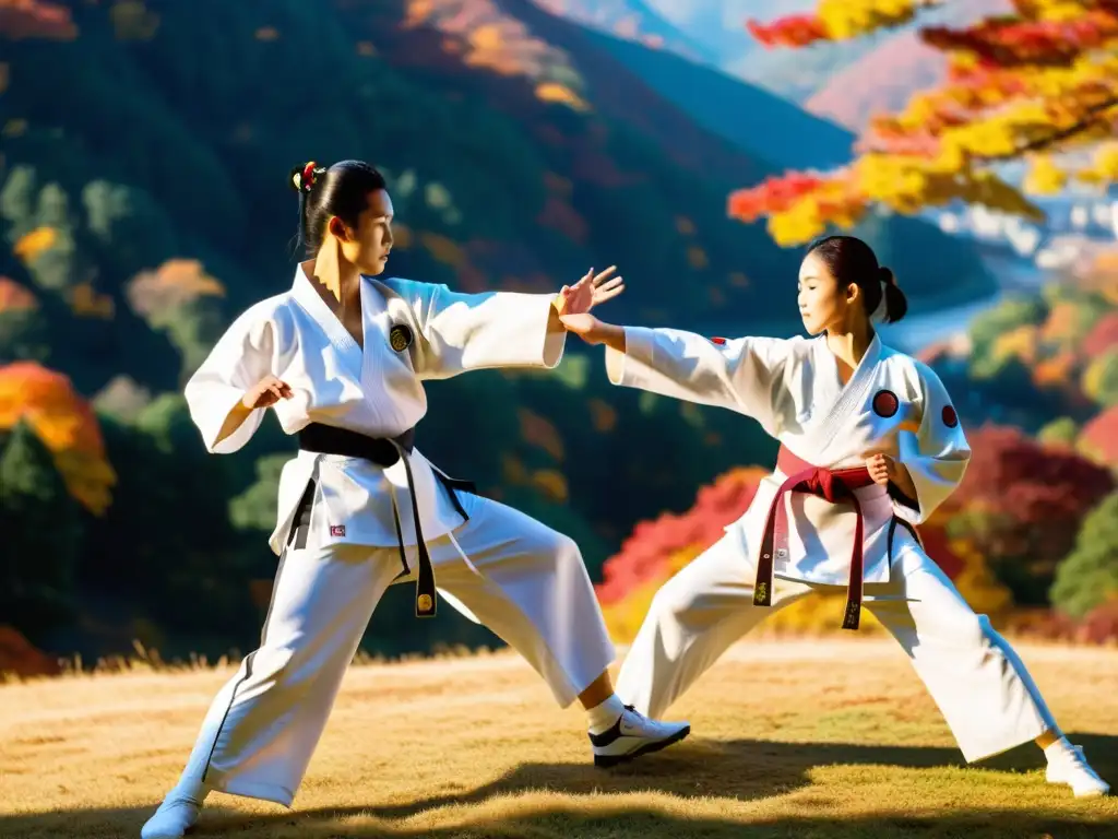 Exhibición de artes marciales coreanas en otoño montañoso