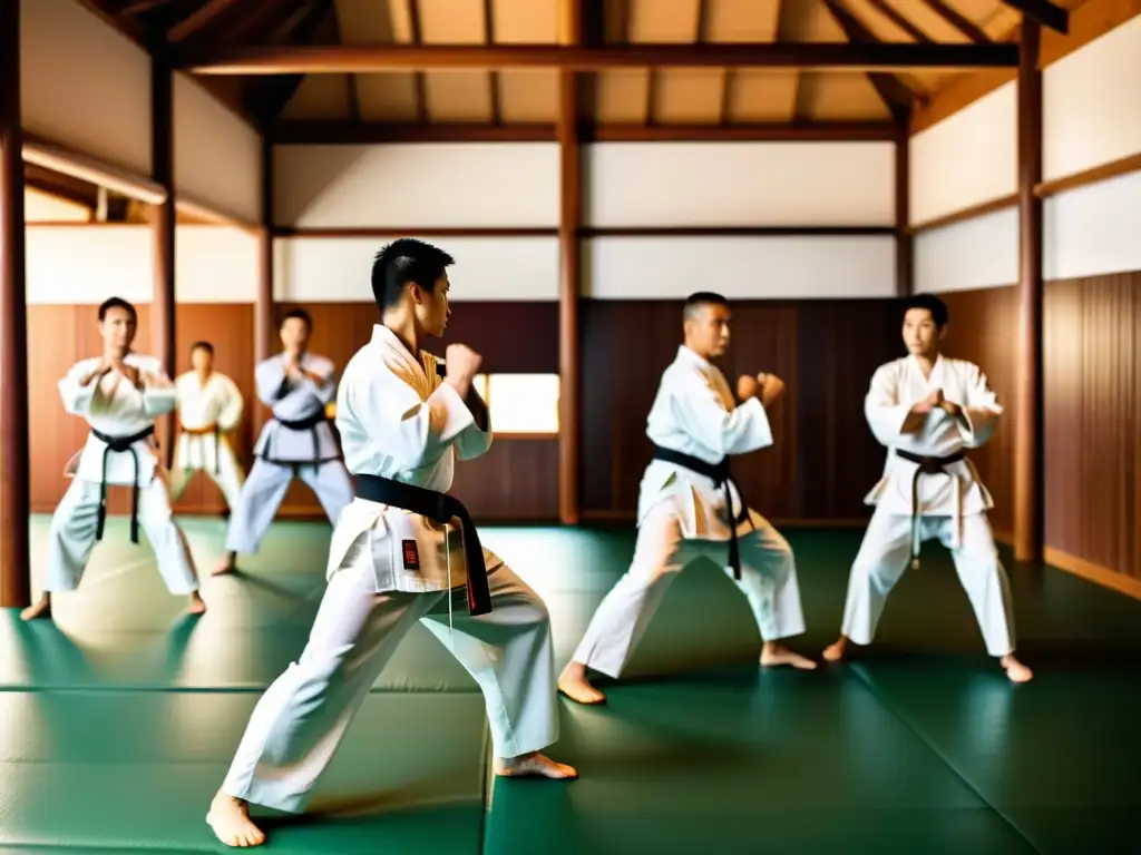 Práctica de artes marciales en un dojo iluminado con luz natural, mostrando disciplina y técnica