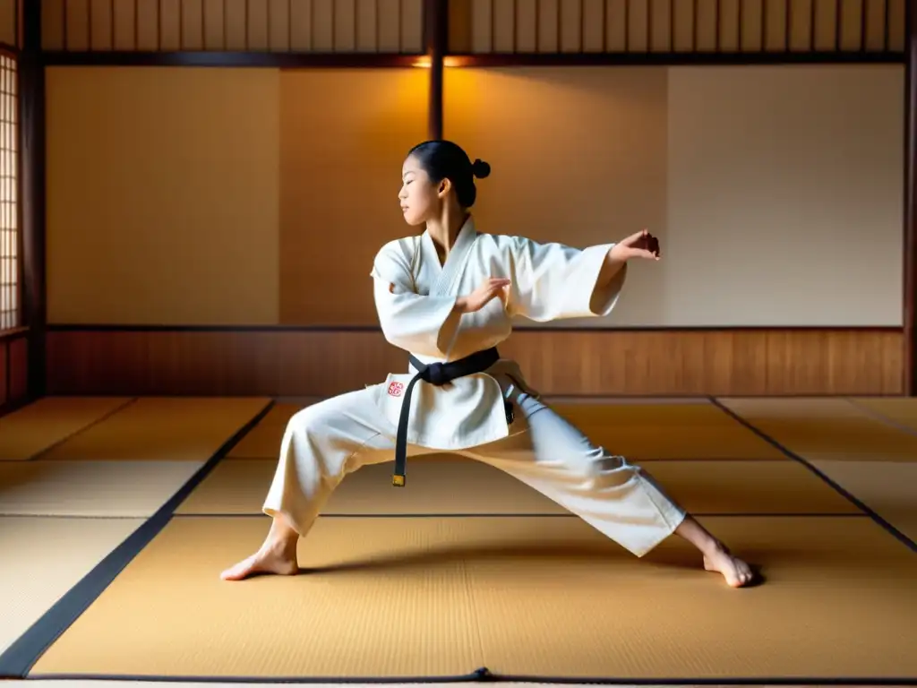 Práctica de artes marciales en un dojo sereno con luz dorada filtrada por pantallas shoji