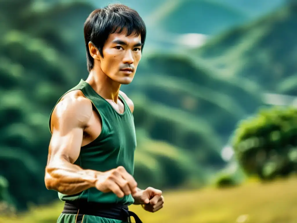 Bruce Lee practica artes marciales en un entorno natural, irradiando intensidad espiritual