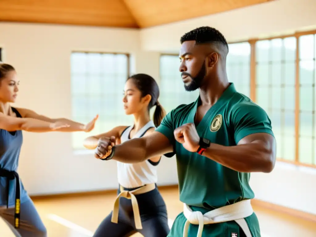 Recuperación en artes marciales con kinesiología: Instructor guiando a estudiante en ejercicios de estiramiento y fortalecimiento en estudio luminoso