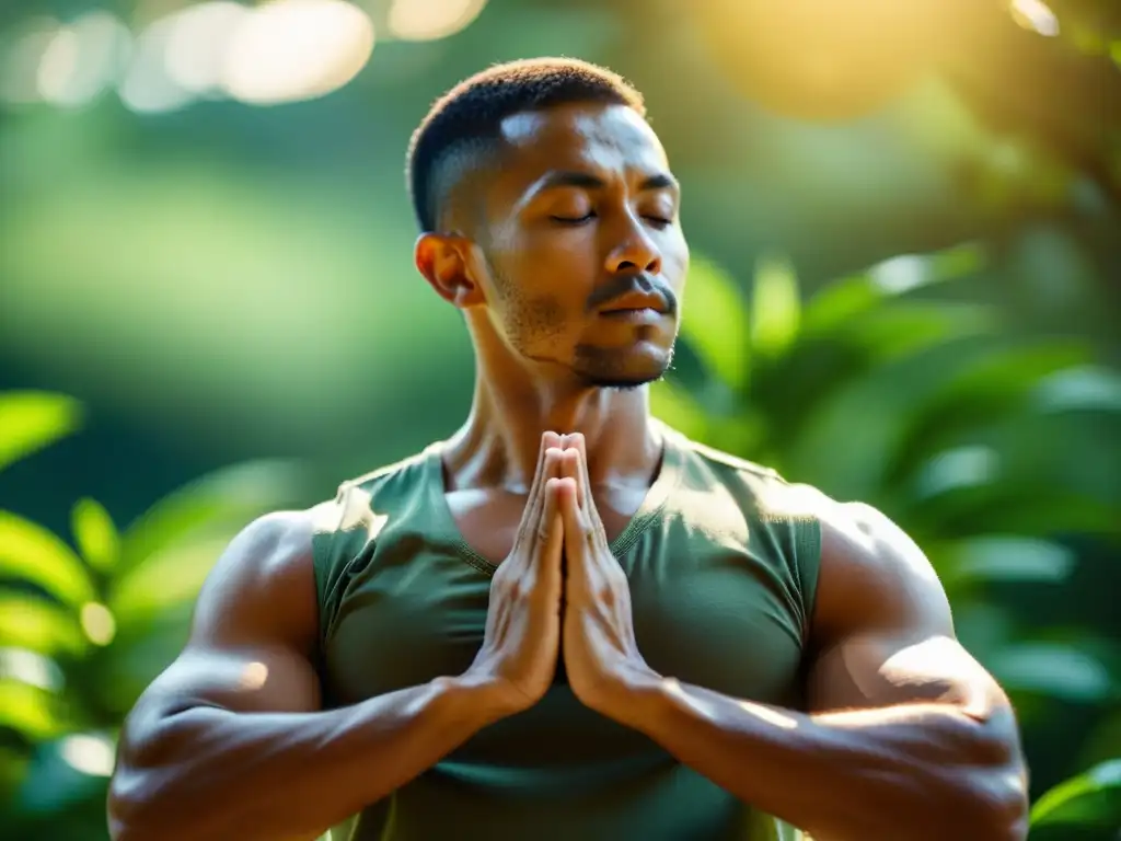 Artes marciales: Practicante en postura meditativa rodeado de naturaleza, con enfoque en la técnica Pranayama