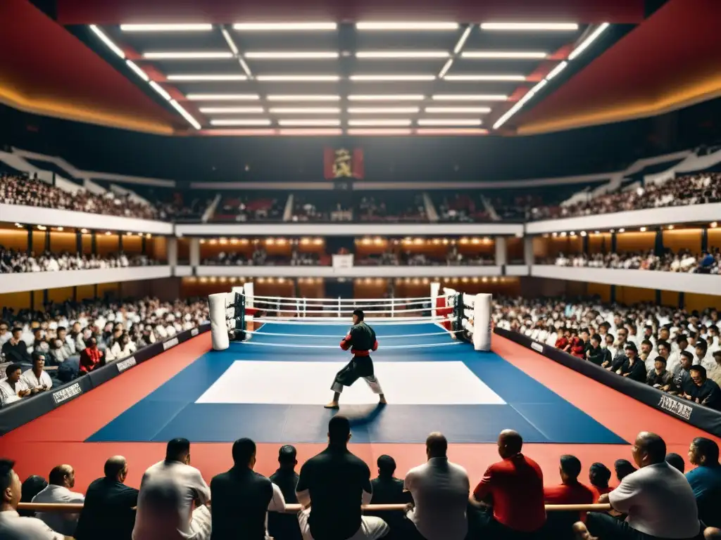 Competición de artes marciales en vivo, con luchadores en combate intenso y público emocionado